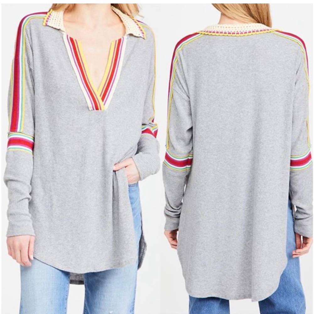 Free People We The Free Magical Swit Ribbed V Neck Grey Tunic Size Medium